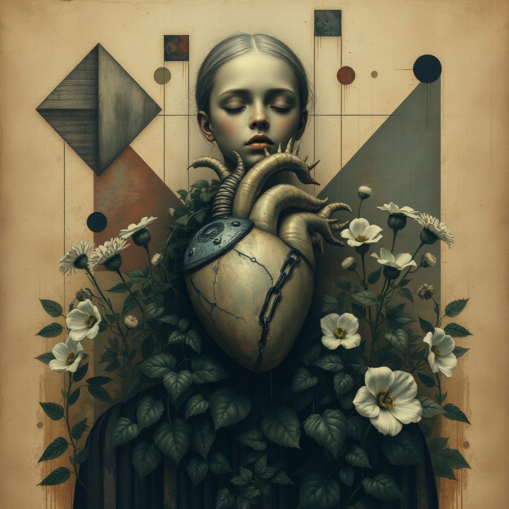 Surreal Portrait: Mechanical Heart and Ivy in Sepia