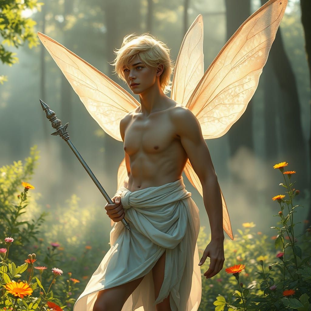 Serenely Beautiful Male Fairy in Harmonious Dawn Landscape