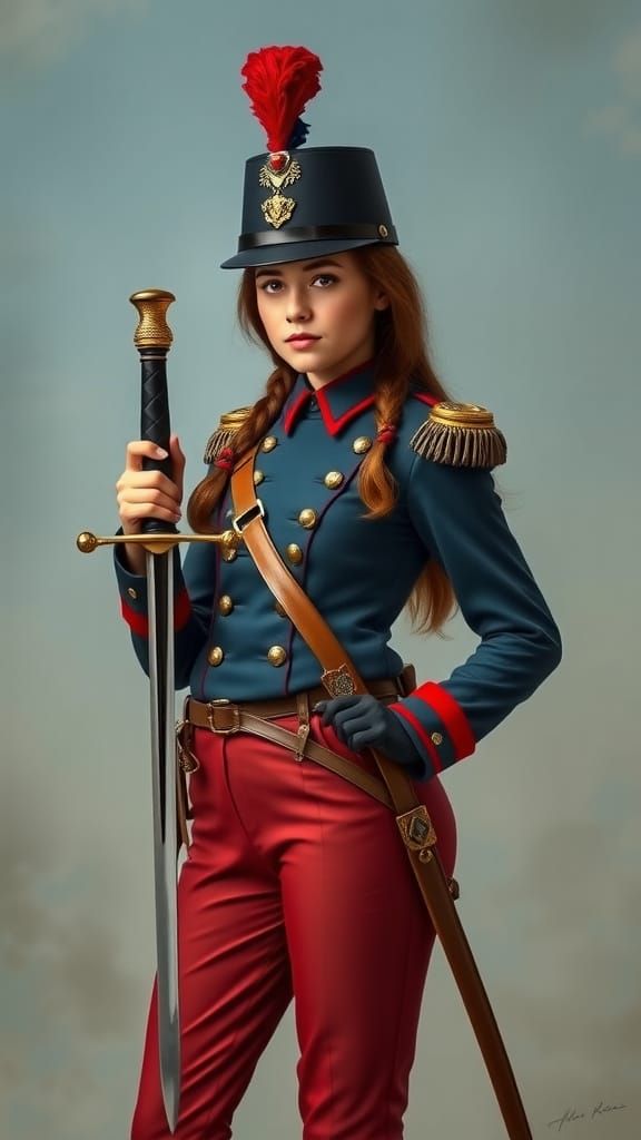 French Hussar Girl in 19th-Century Uniform