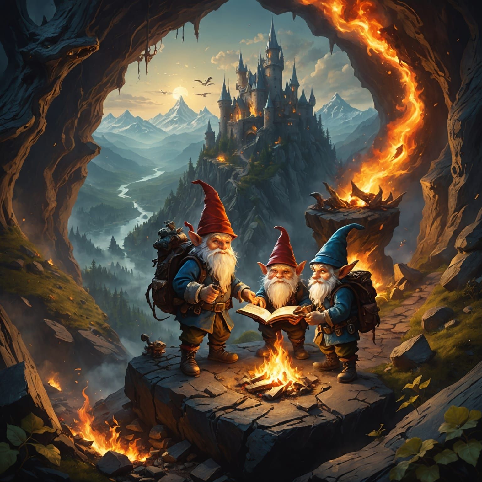 Gnomes' Fiery Quest: Dark Fantasy Oil Painting