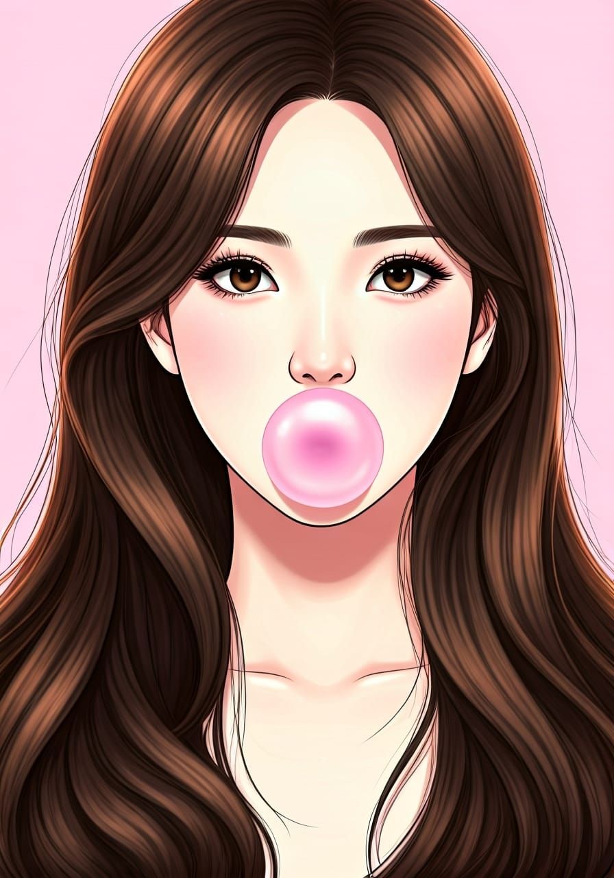 Korean Woman Blowing Bubblegum in Shoujo Anime Style