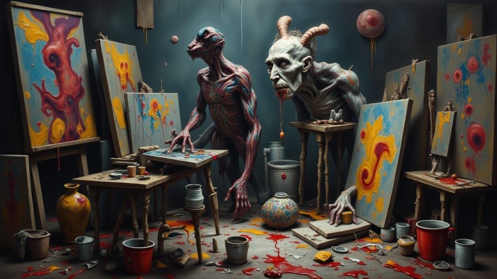 Eccentric Artist in Chaotic Studio, Dramatic Lighting