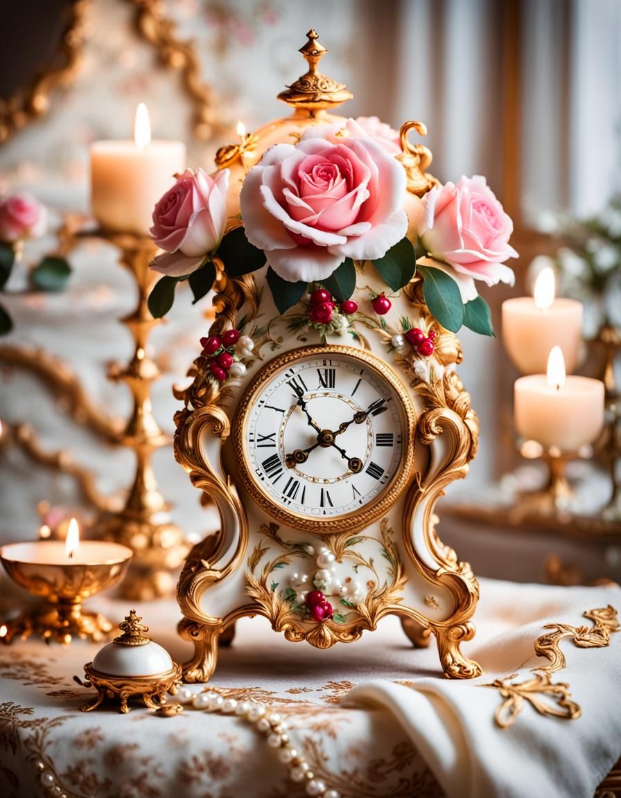 Rococo Clock with Roses and Jewels: Hyperrealistic Photo