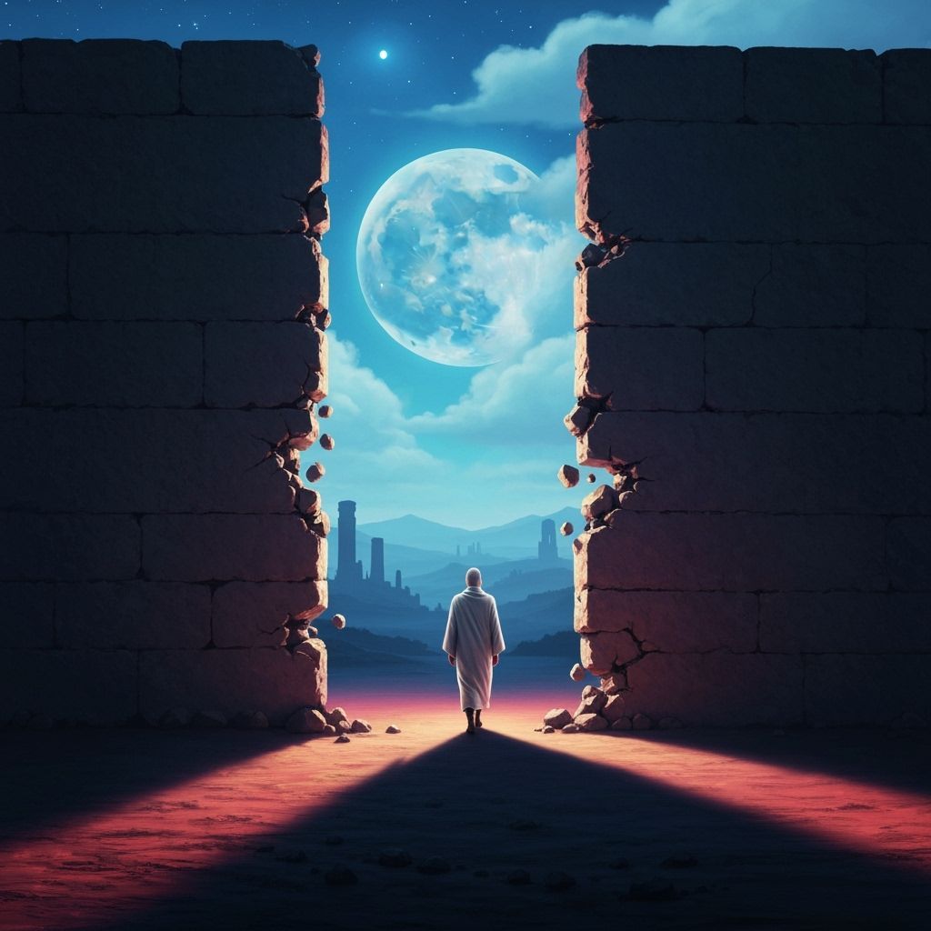 Figure Walks Through Spectral Wall in Surreal Dreamscape