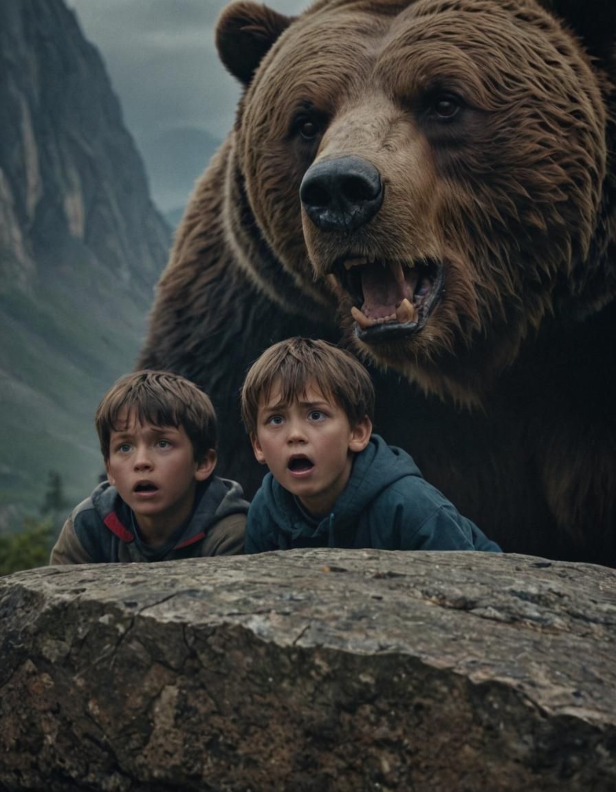 Terrified Father and Son Hiding from a Bear