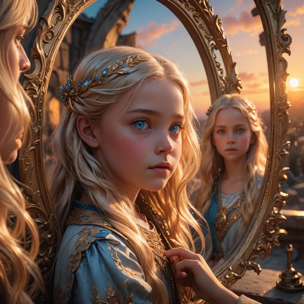 Girl Gazing at Sunset Reflection in Fantasy Art