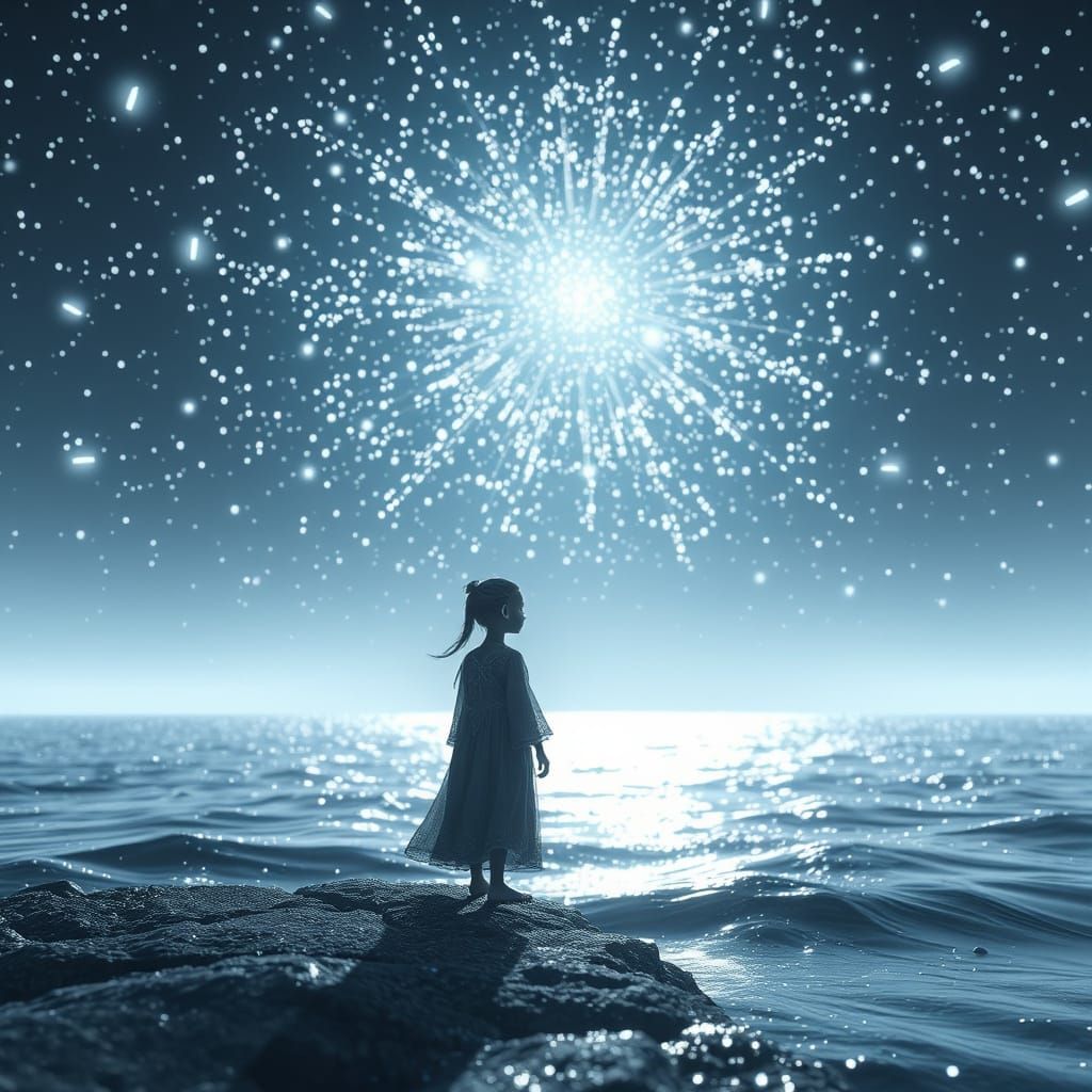 Cosmic Figure Gazing at Shimmering Ocean in 3D