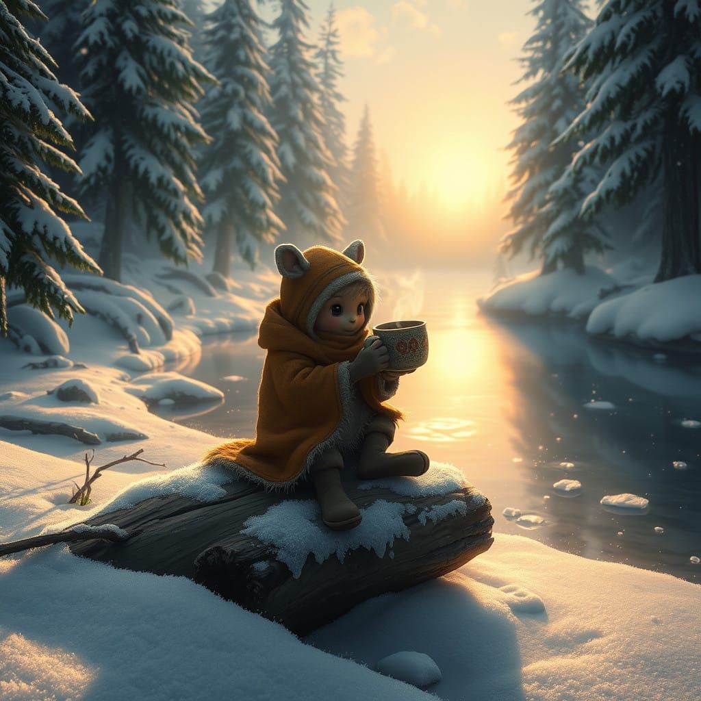 Whimsical Forest Dweller Sipping Hot Cocoa by a Frozen Lake
