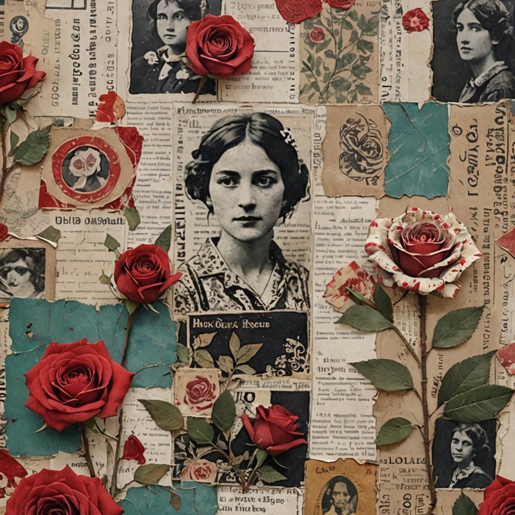 Vintage French Collage with Red Rose Accent