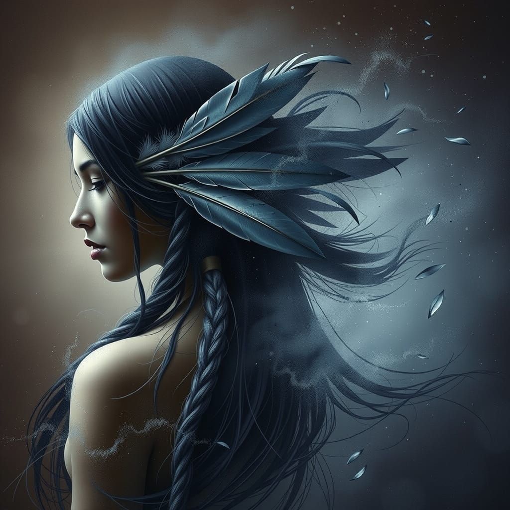 Mystical Indian Woman in Profile, Shrouded in Gloomy Ambianc...