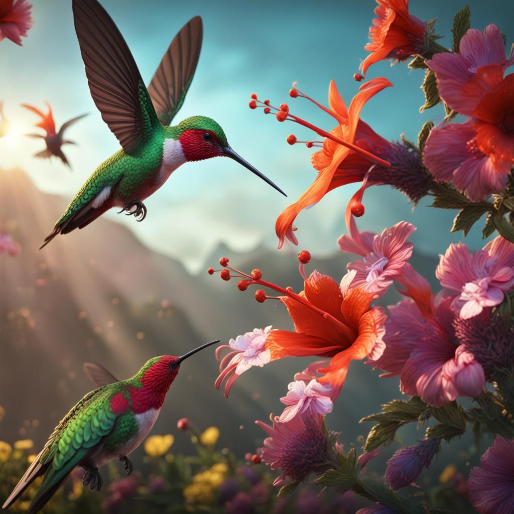 Hummingbirds and Flowers: Detailed Fantasy Concept Art