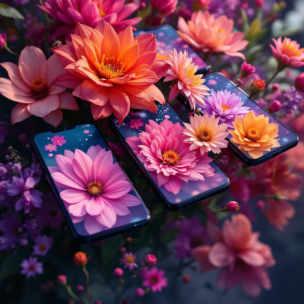 Smartphone Bouquet with Flower Screens, Matte Painting Style