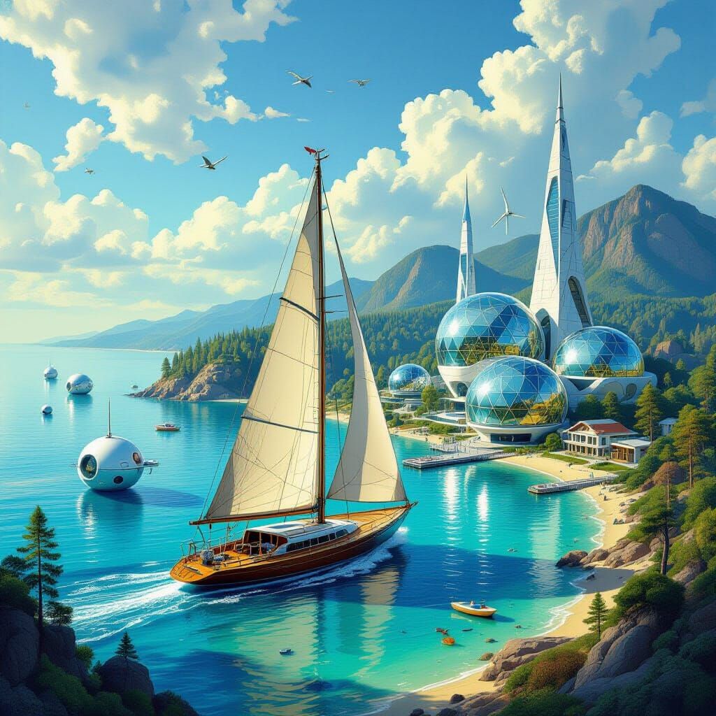 Futuristic Seaside Community with Sailboat as Dali Surrealis...