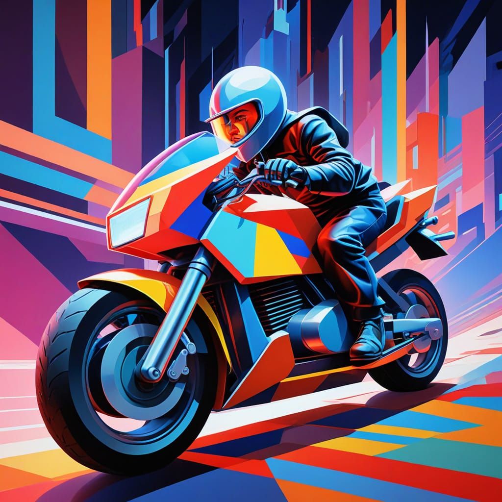 Baby on Motorcycle in Cubist Geometric Style