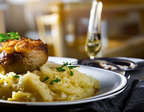 pork shank on sauerkraut with smashed potatos