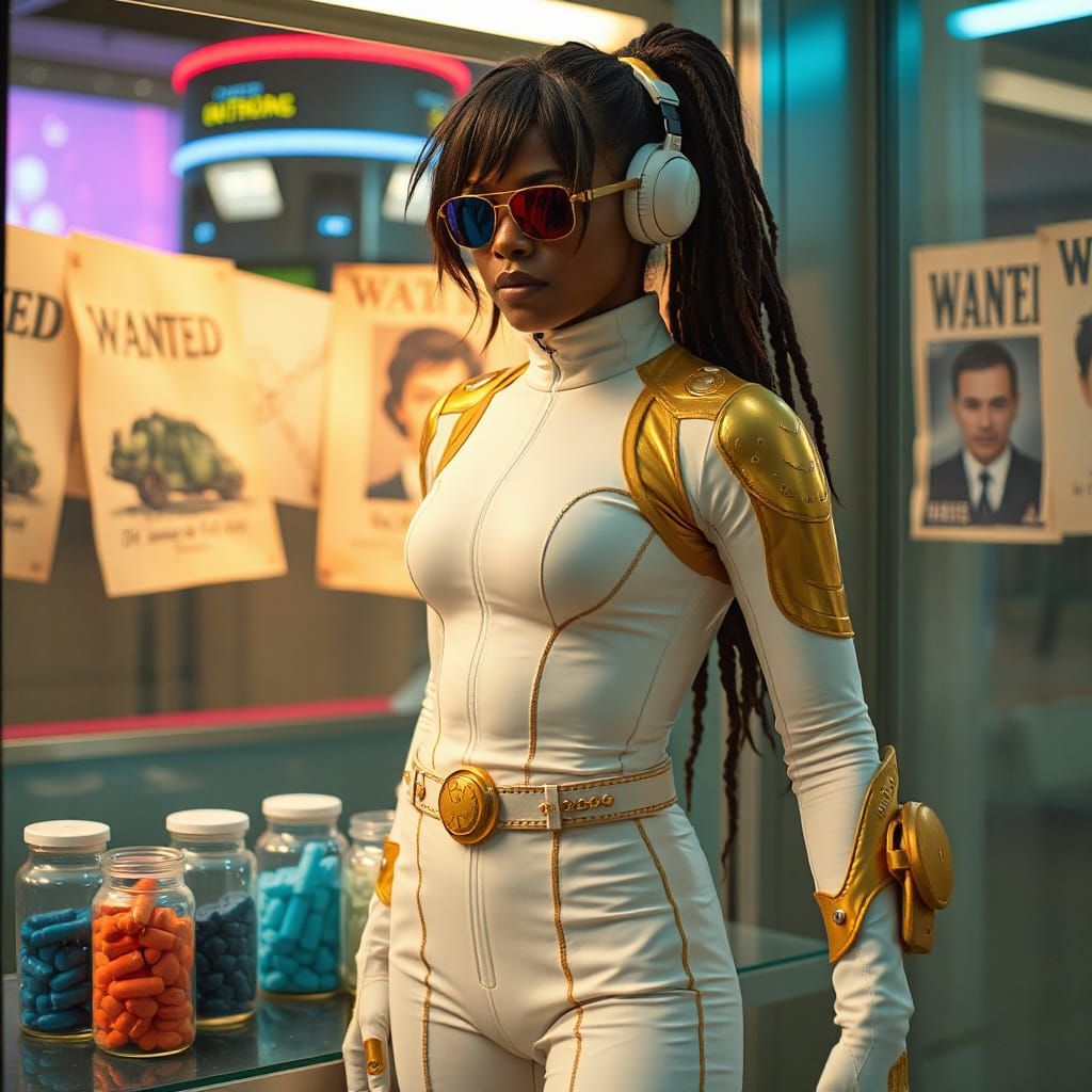 Cyberpunk Netrunner in White and Gold Suit