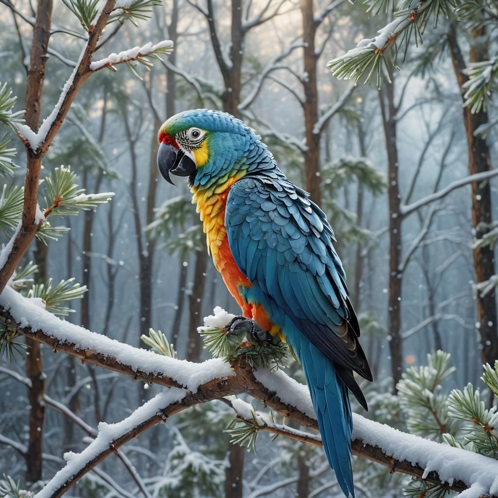Vibrant Parrot in Winter Forest: Watercolor Art