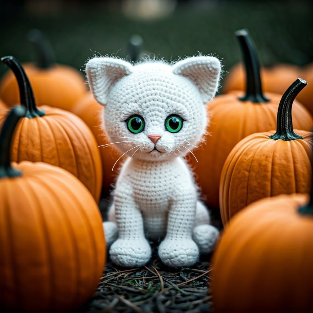 Crocheted Kitten in Pumpkin Field: Fantasy Art