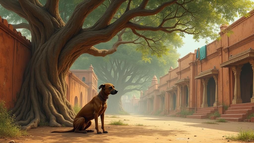 Indian Village Stray Dog Under Banyan Tree