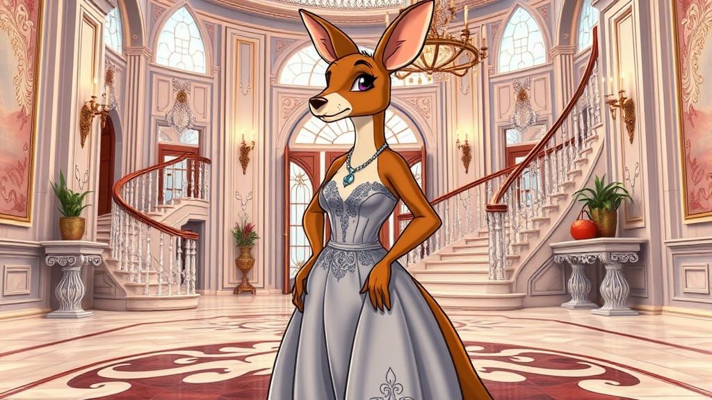 Elegant Anthropomorphic Kangaroo in Opulent Entry Hall