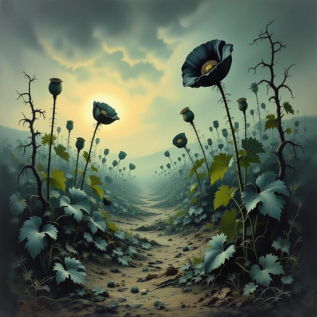 Surreal Desolation: Barren Landscape with Dark Poppies and G...