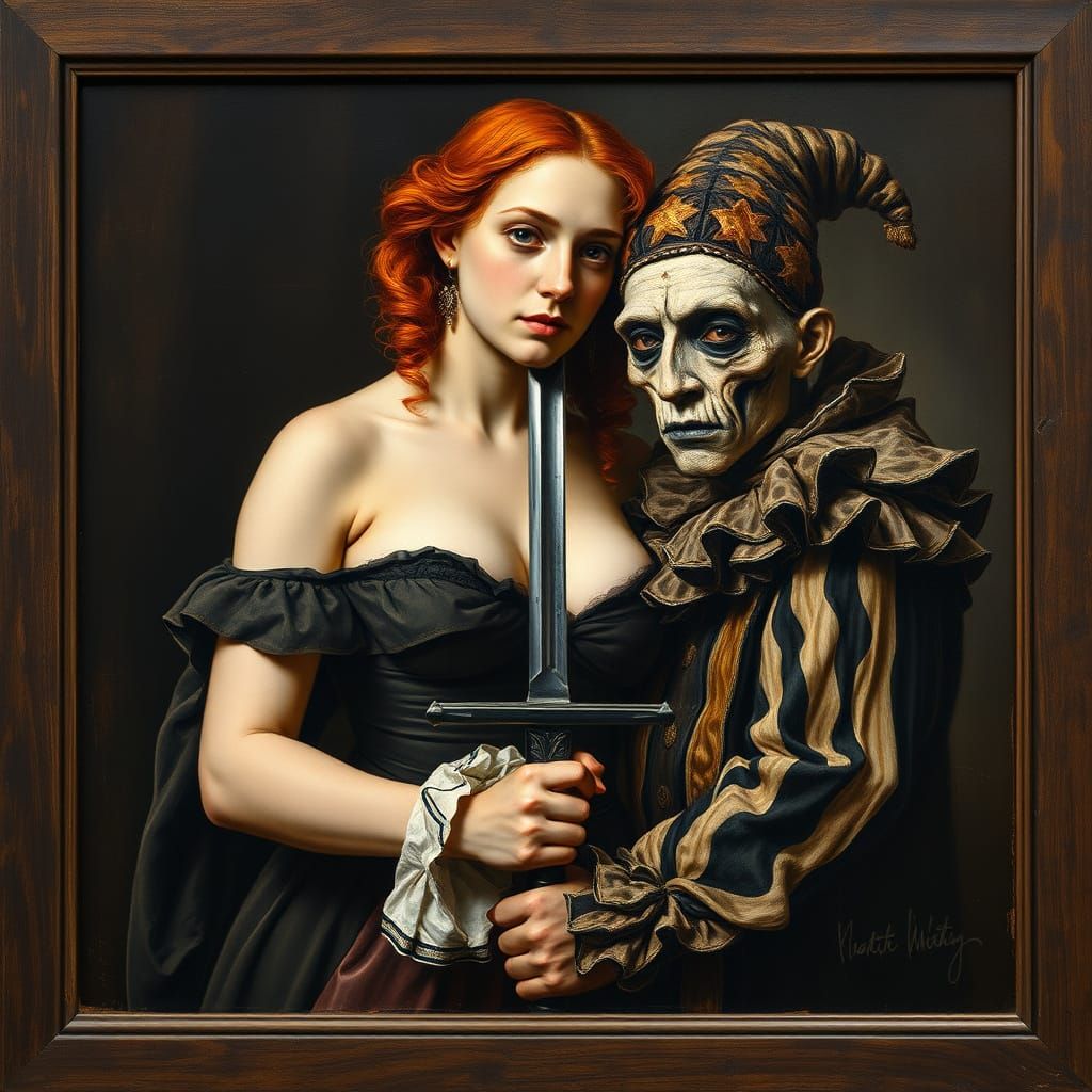 Fortune Teller and Harlequin: 16th Century Realist Oil Paint...