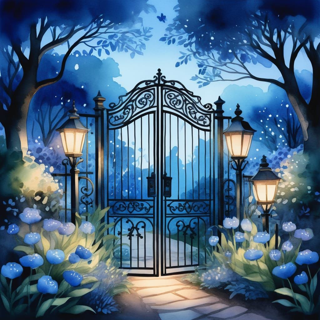 A moody indigo-themed botanical garden at twilight, filled w...