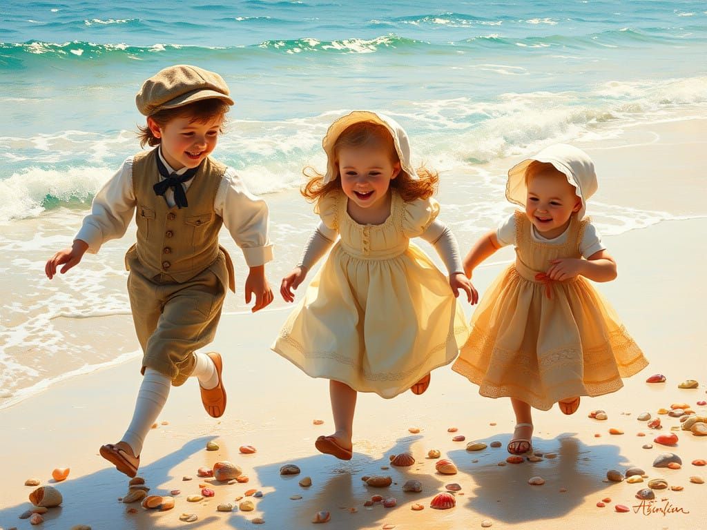 Children's Joyous Beach Adventure in Impressionist Style