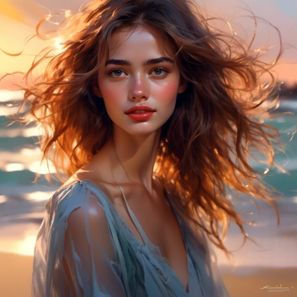 Ethereal Woman Portrait on Beach as Stylized Painting