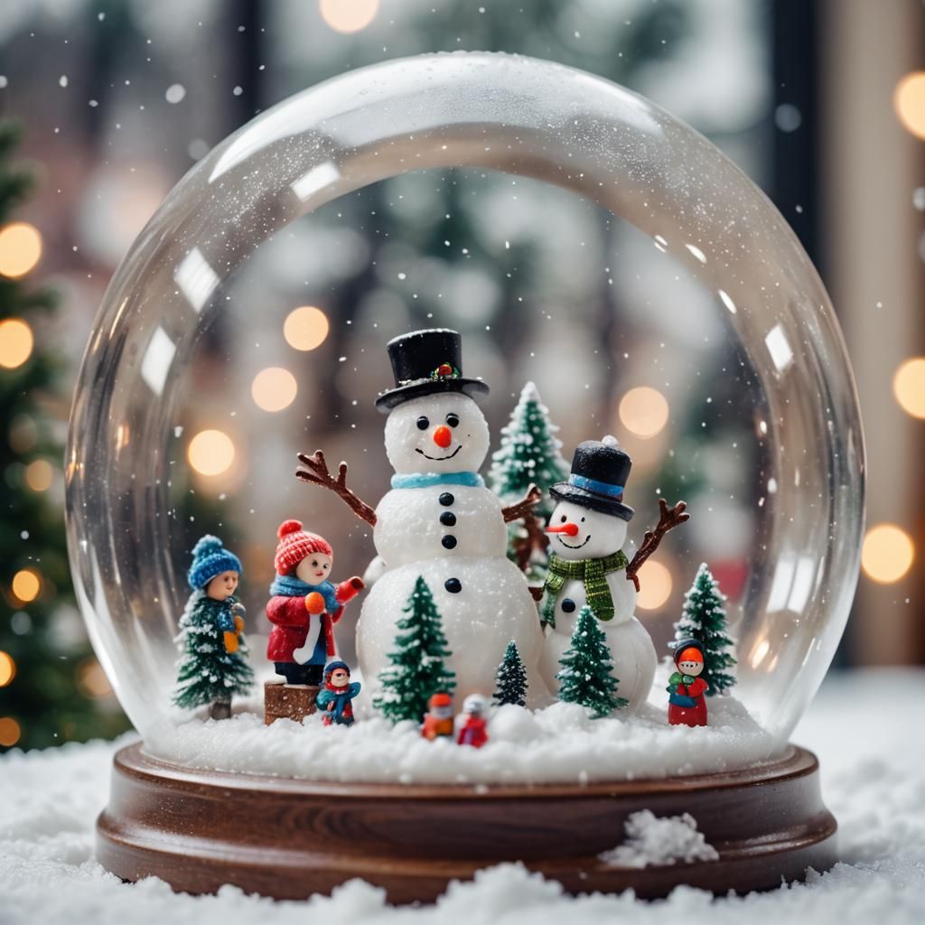Children Building Snowman Inside a Snow Globe