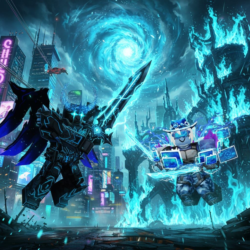 Cyberpunk City Meets Cyan Hellscape Sword Fight