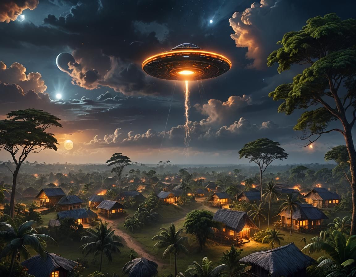 UFO over Congo Village in Moonlit Storm, Concept Art