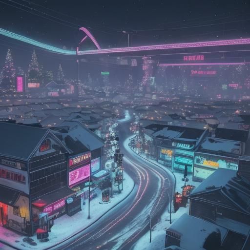 Panda and Parrot in Neon Cyberpunk Christmas Town