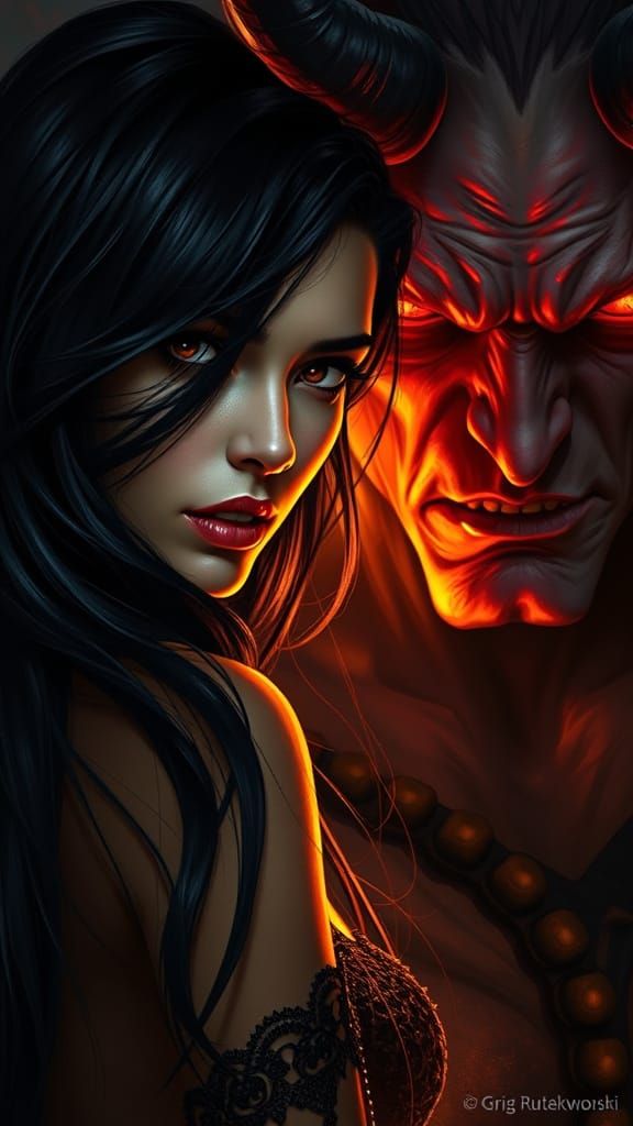 Dark Angel and Demon Emerge from Shadows in Golden Light