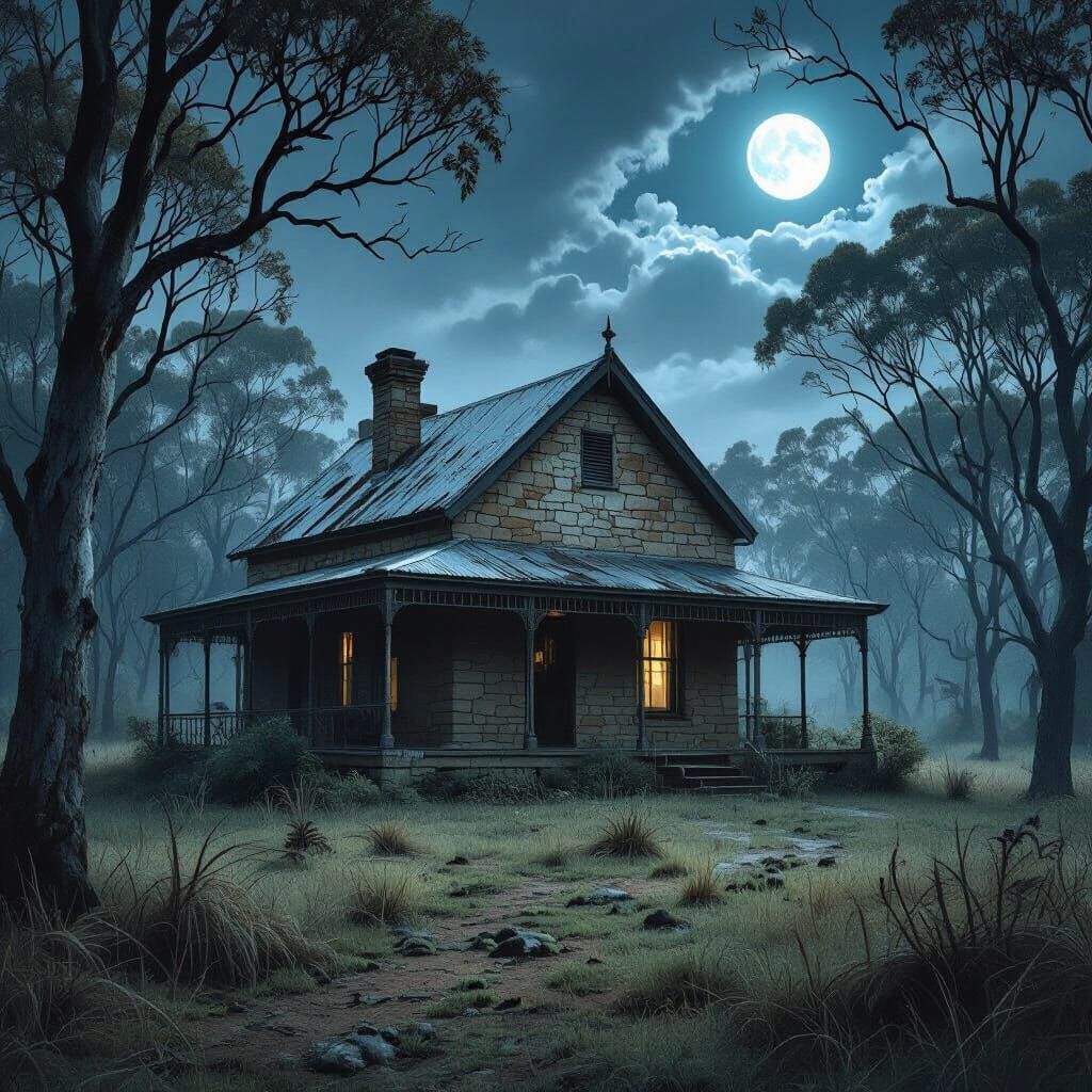 Eerie Australian Homestead in Bushland at Night