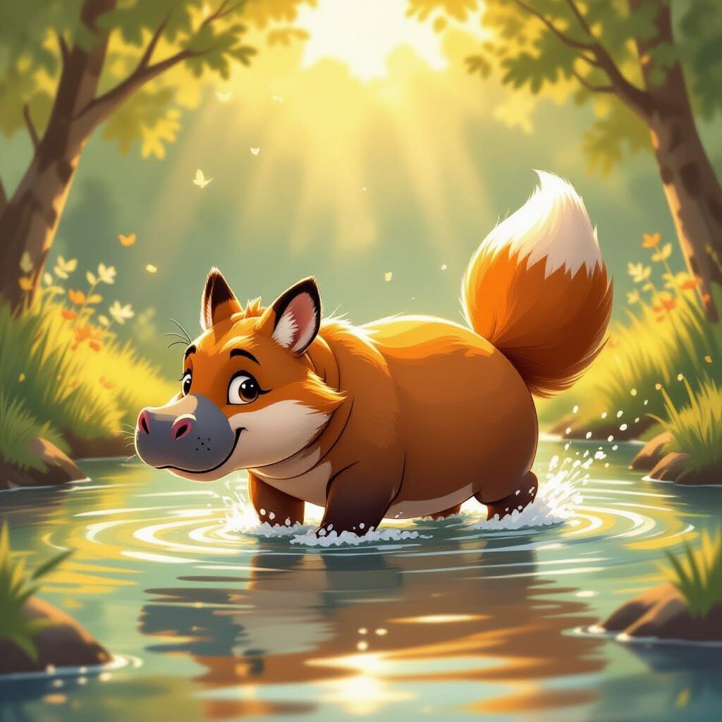 Whimsical Hippo-Fox Hybrid Splashing in River