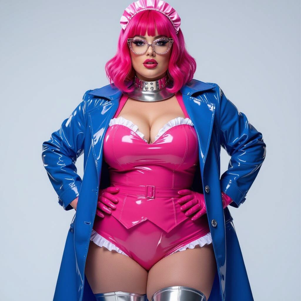 Plus-Size Woman in Pink Latex Maid Outfit and Blue Raincoat