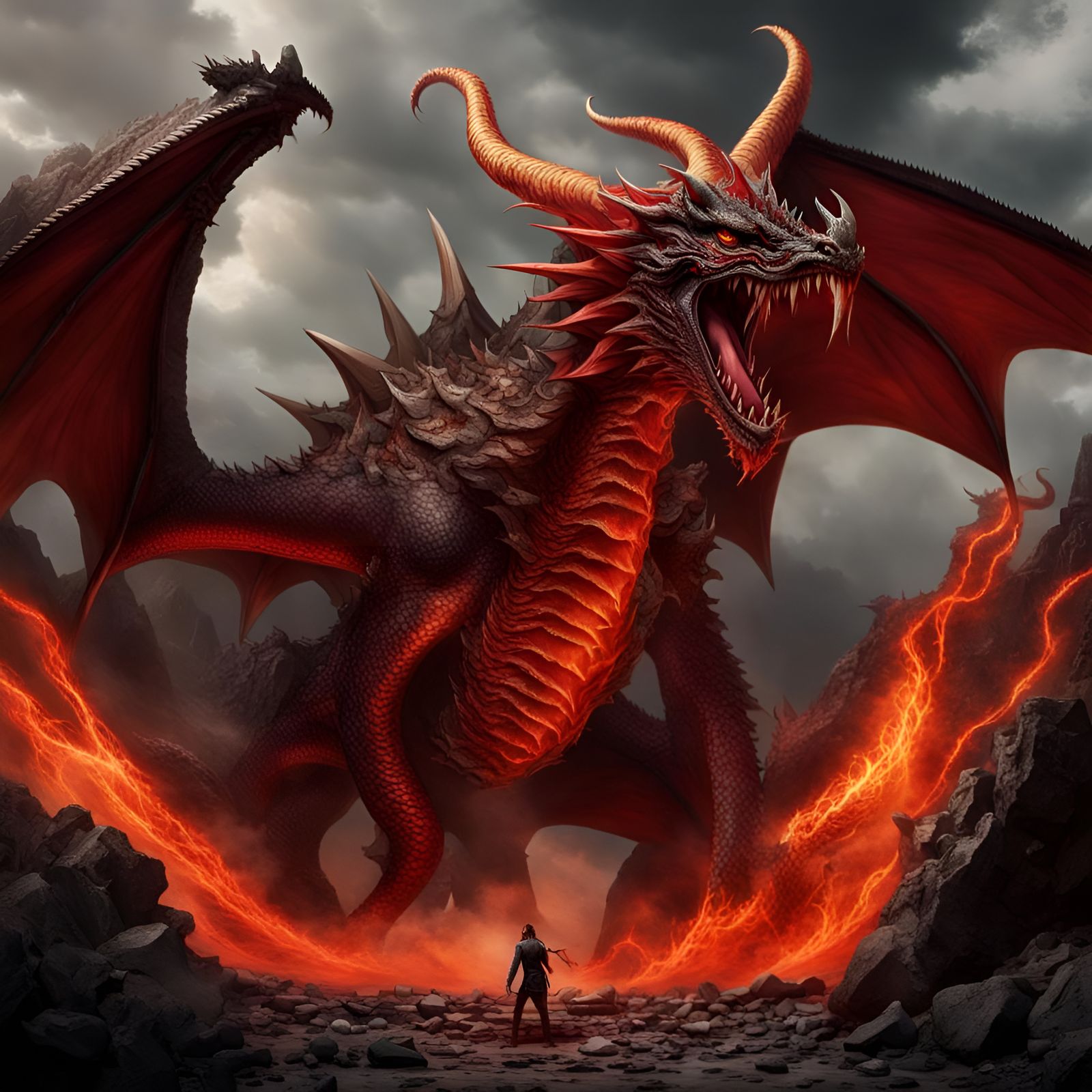 Fierce Dragon on Rocky Terrain in Detailed Matte Painting