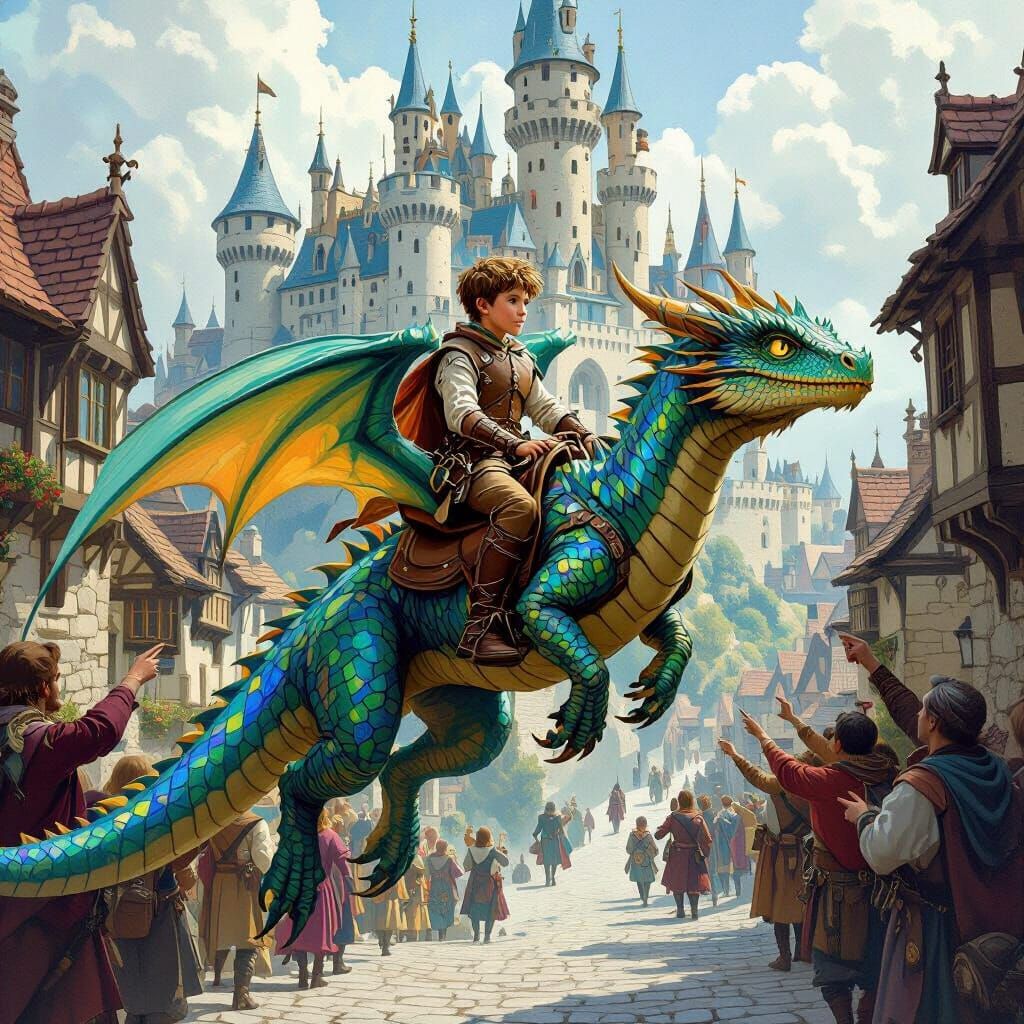 Boy Riding Dragon Through Medieval City, Fantasy Art