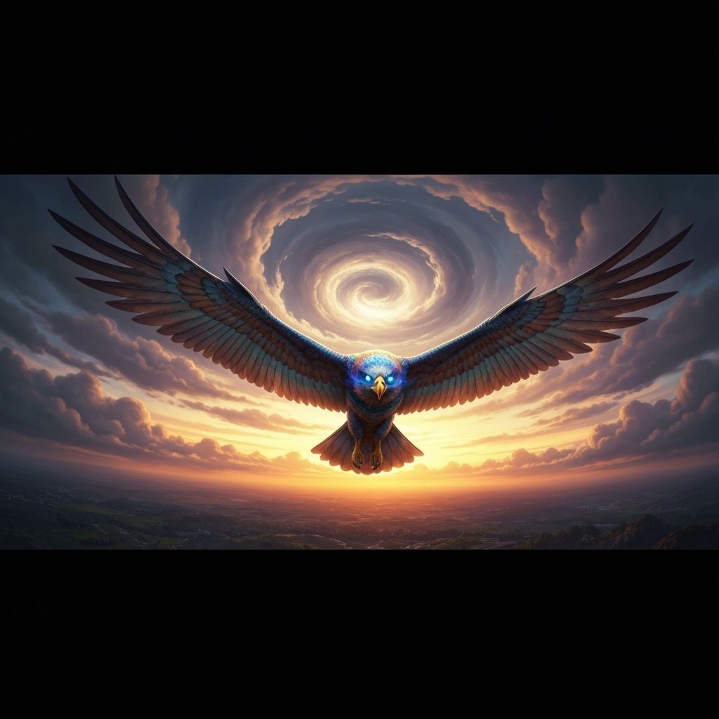 Ancient Griffin Guarding Floating Island, Iridescent Feather...