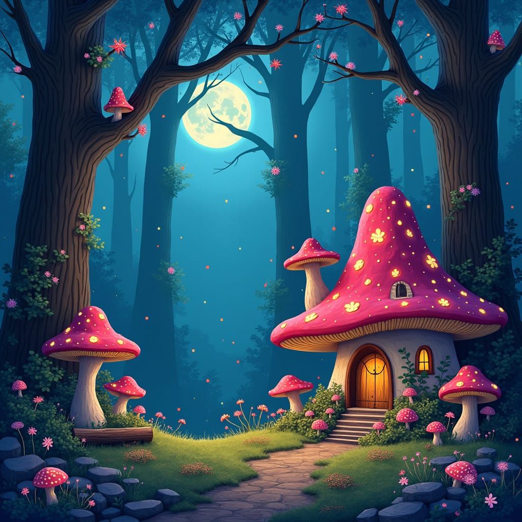 Enchanted Fairy Mushroom House in Bioluminescent Forest