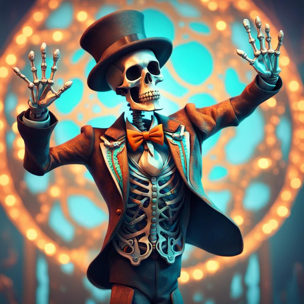 Dancing Skeleton in Suit with Bright Lights