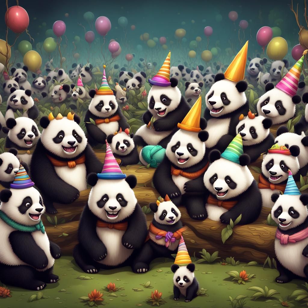 Pandas and Corgi Throw a Party in Detailed Painting