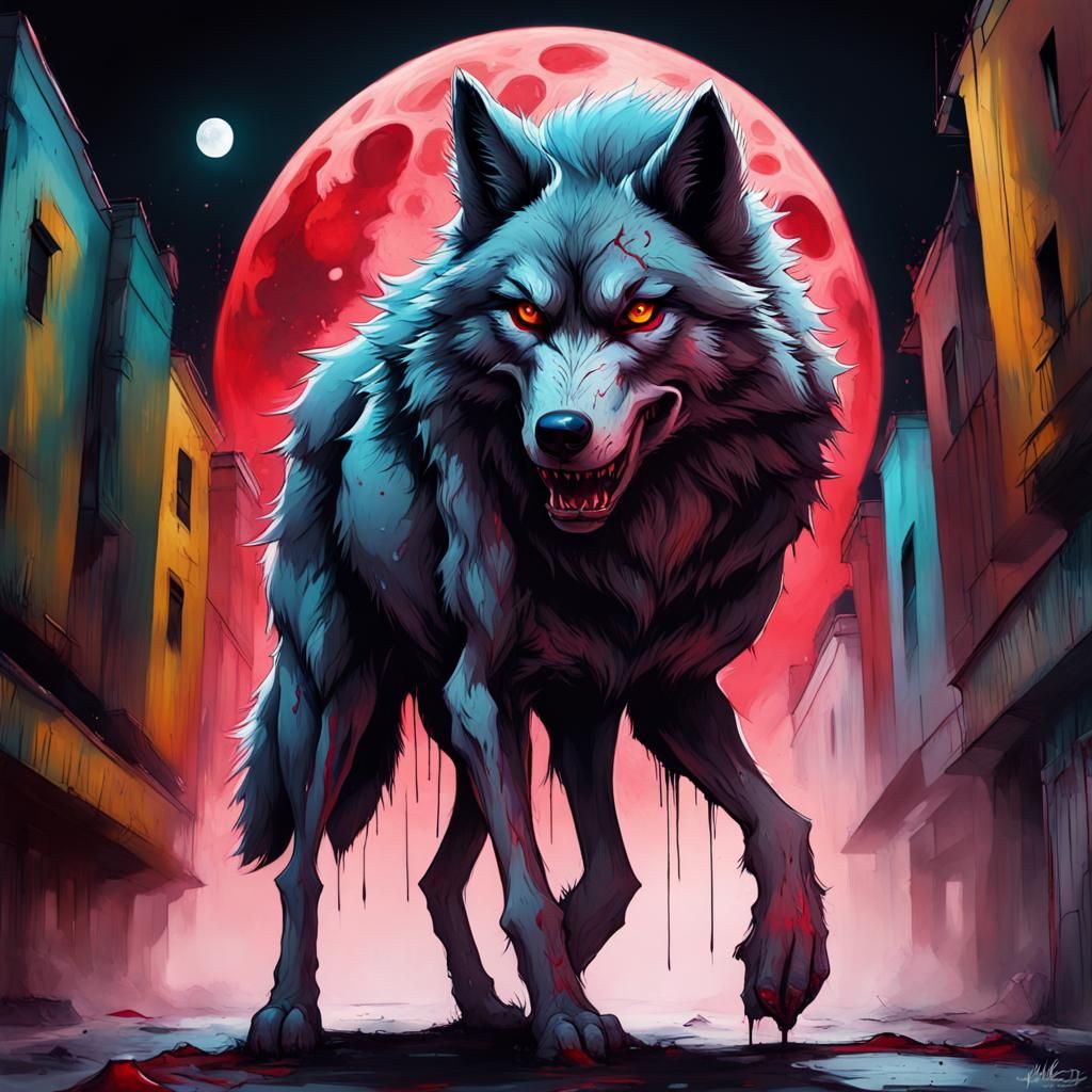Scary Werewolf Graffiti Art Under Full Moon