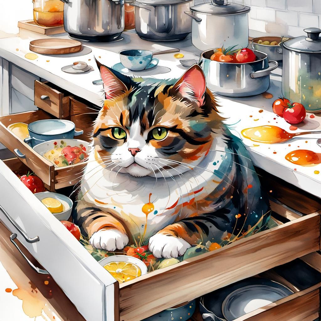 Chubby Cat in Drawer, Watercolor Manga Illustration