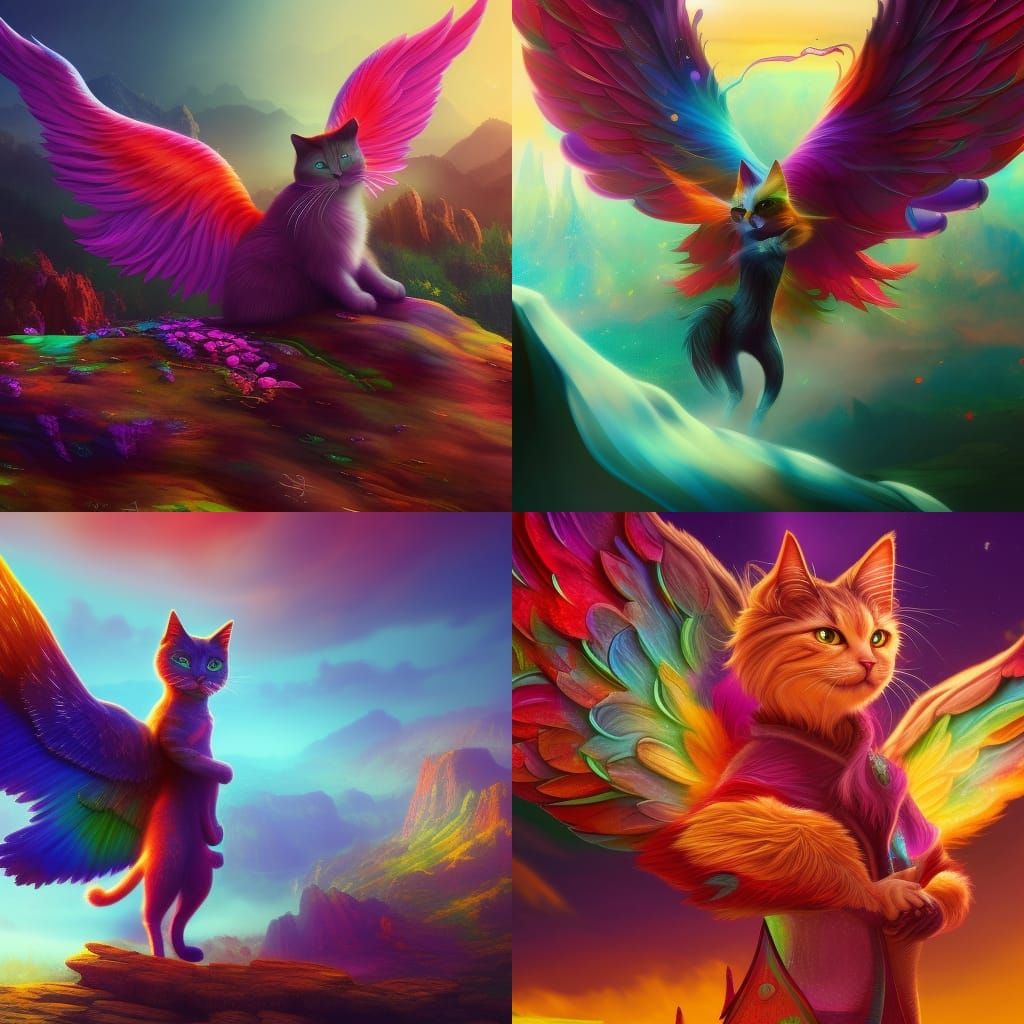 Winged Cat in Vivid Fantasy Landscape