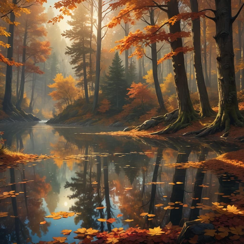 Autumn Forest Lake in Low-Poly 3D Style