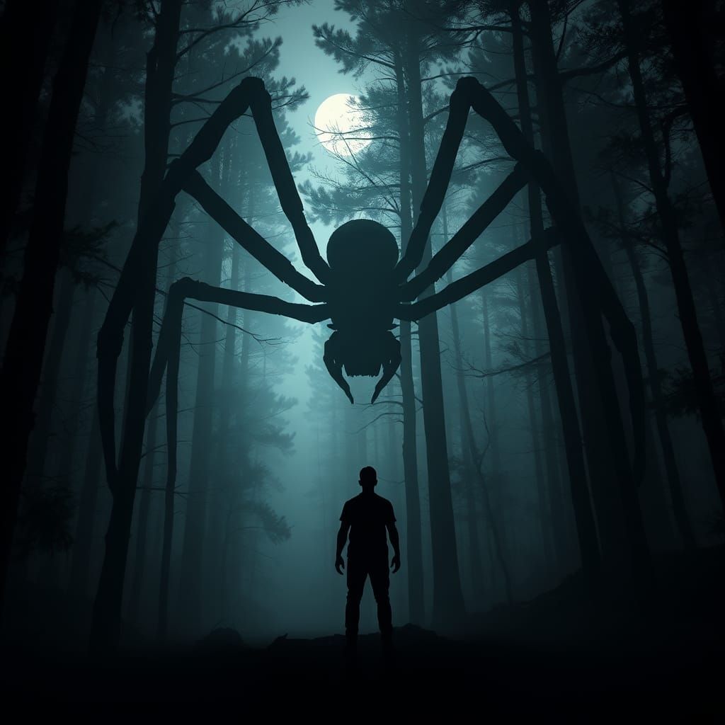 Giant Spider Silhouette in Misty Forest