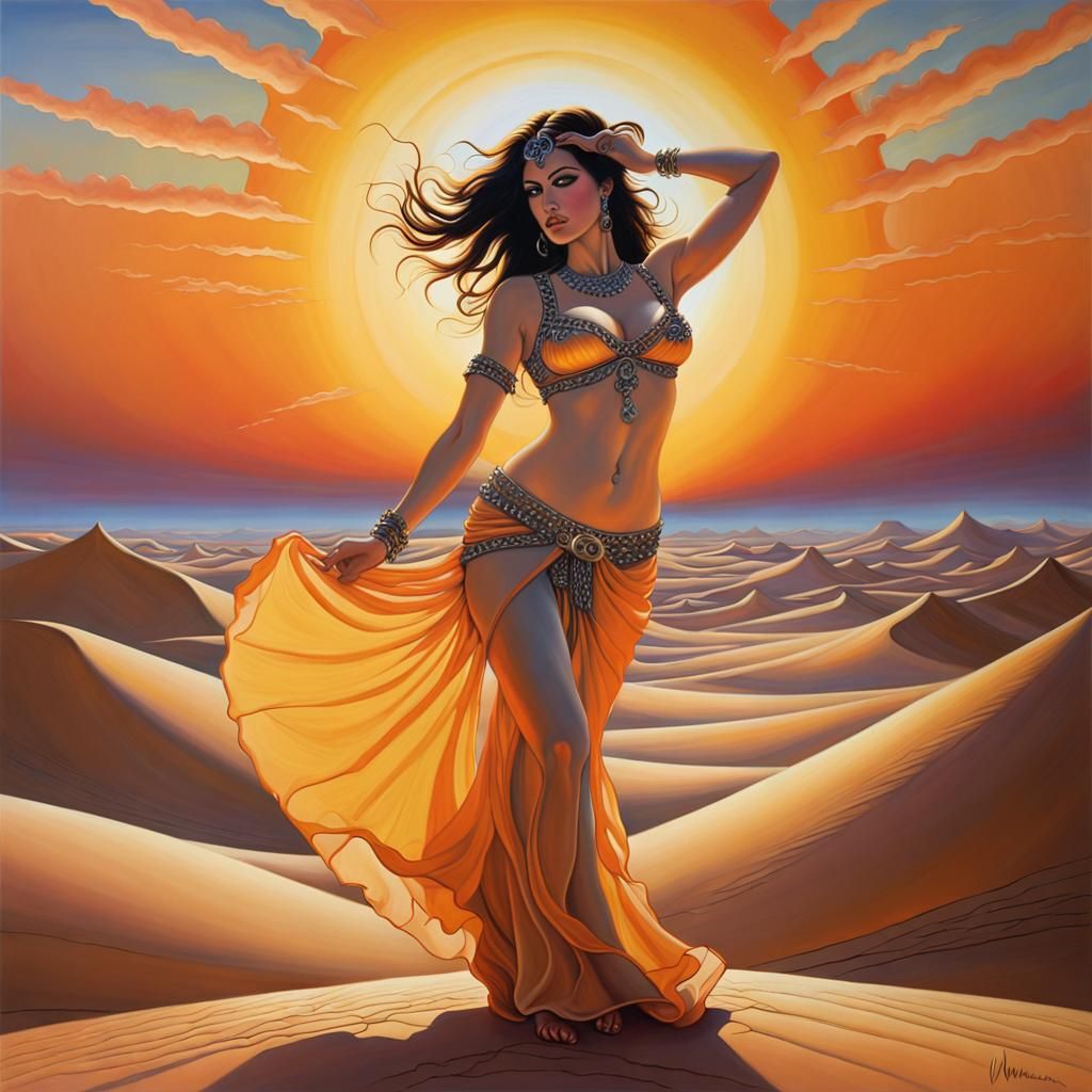 Desert Sunset with Belly Dancer Silhouette