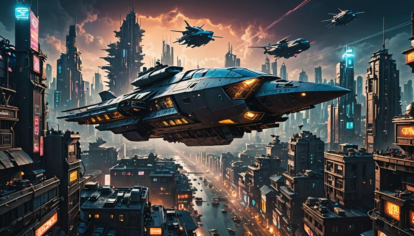 Cyberpunk City Sky Battle with Flying Ship